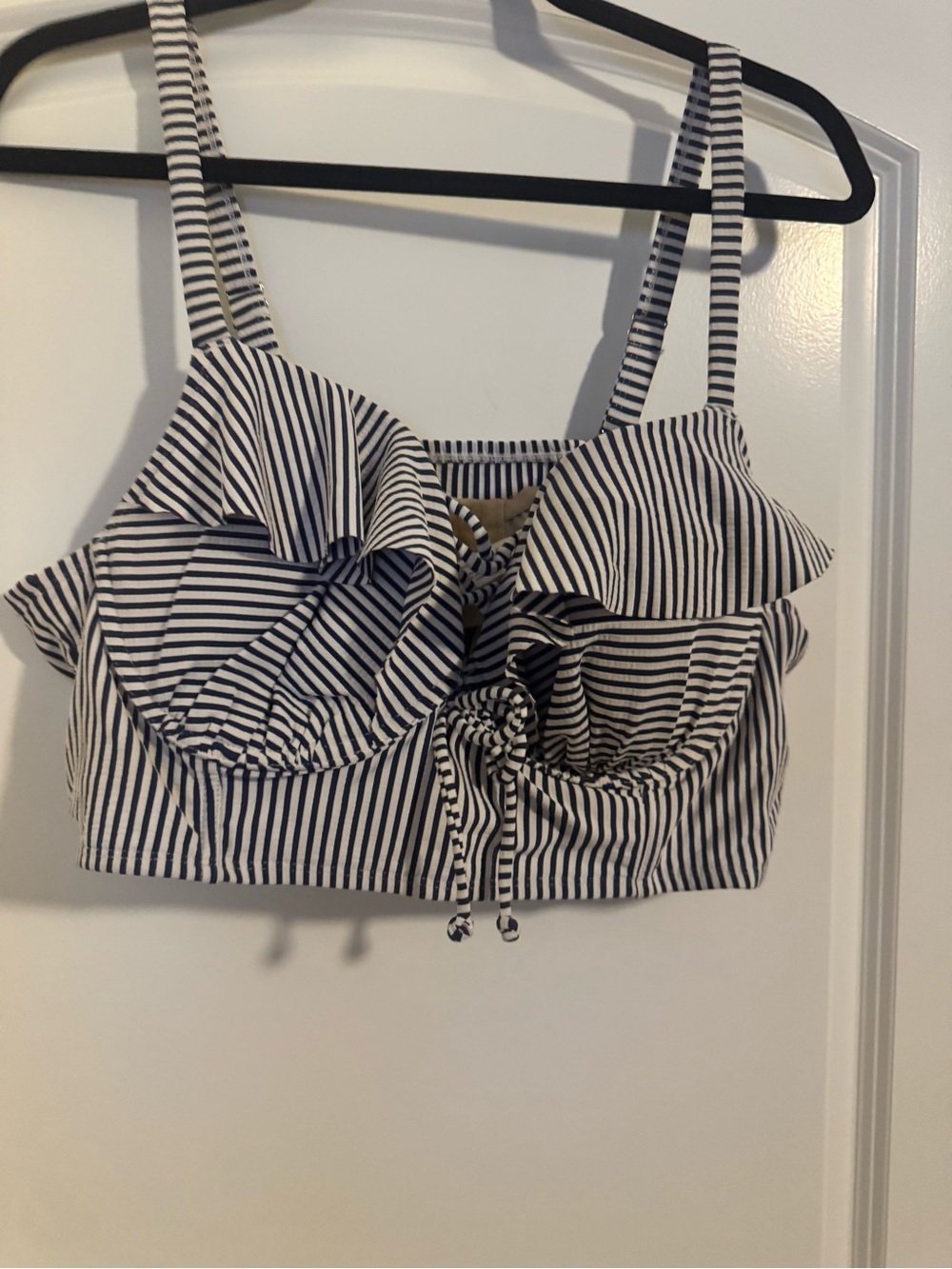 Cacique Navy and White Striped Ruffle Crop Swim Top